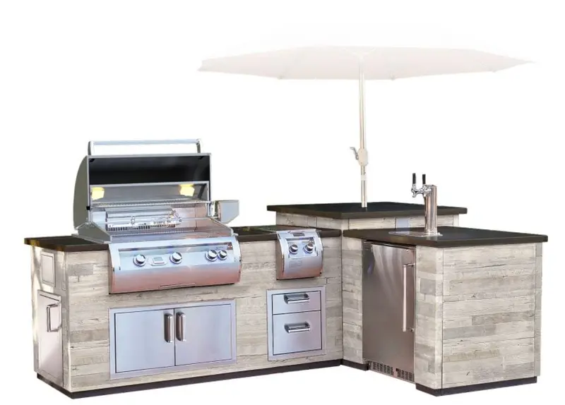 Fire Magic Silver Pine L-Shaped Reclaimed Wood Island With Kegerator Cutout 1